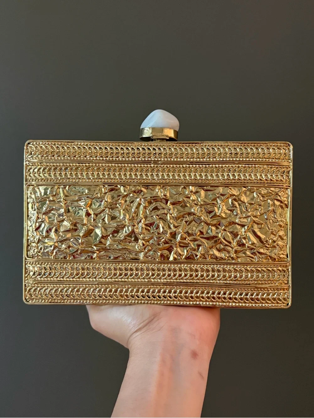 Iridescent Mother-of-Pearl & Gold Geode Frame Clutch